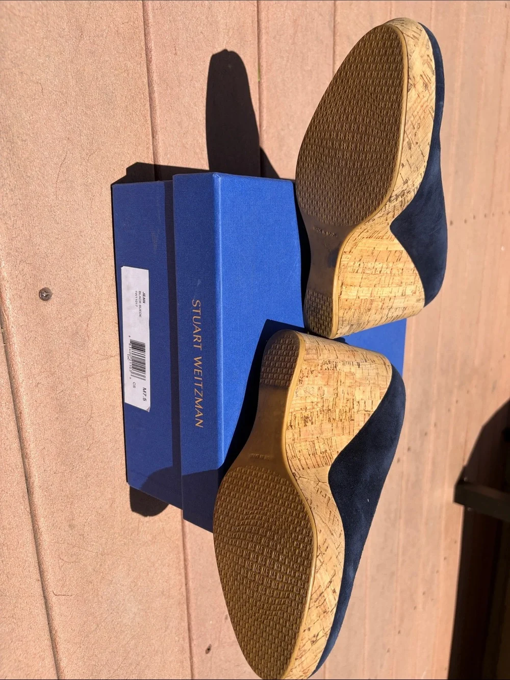 Stuart Weitzman Navy Suede Cork Wedge Pumps - Picture 3 of 8